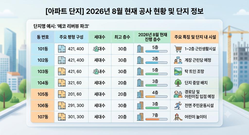 호현센트럴아이파크 2026년 8월13일 동별건축진행 현황 비교표