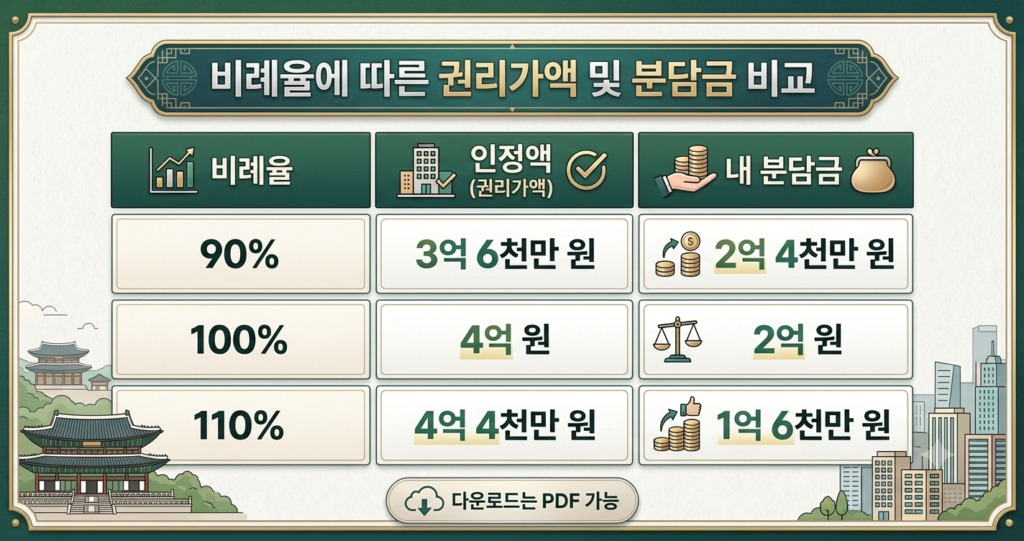 비례율에 따른 권리가액 및 분담금